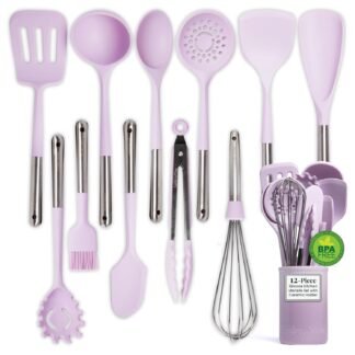 Larder & Vine 12-Piece Silicone Kitchen Cooking Utensils Set with Stainless Steel Handle and Ceramic Holder, Dishwasher Safe Set of Kitchen Essentials (Bondi)