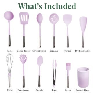 Larder & Vine 12-Piece Silicone Kitchen Cooking Utensils Set with Stainless Steel Handle and Ceramic Holder, Dishwasher Safe Set of Kitchen Essentials (Bondi)