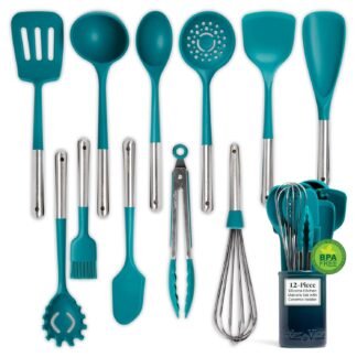 Larder & Vine 12-Piece Silicone Kitchen Cooking Utensils Set with Stainless Steel Handle and Ceramic Holder, Dishwasher Safe Set of Kitchen Essentials (Bondi)