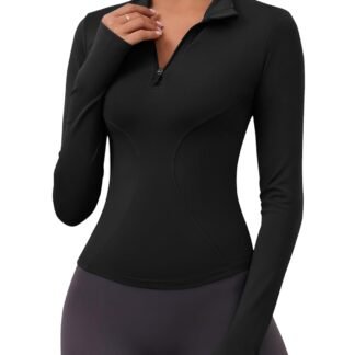 LOMON Womens Long Sleeve Workout Tops Quick Dry Quarter Zip Pullover Crop Yoga Athletic Slim Fit Shirts