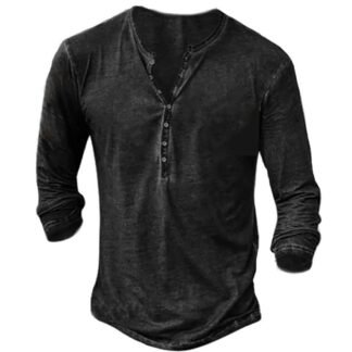 Mens Distressed Henley Shirts Front Placket Retro Long Sleeve Tee Shirts Casual Button Down Washed T-Shirts for Men