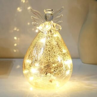 Mercury Glass Angel Lamp, Battery Operated Tabletop Angel Figure Light, Decorative Lighted Figure, Cordless Light Up Statue with Trumpet, Glow in The Dark Glass Christmas Ornament