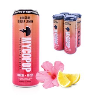 Mycopop Functional Mushroom Energy Drink, Caffeine-Free, 25 Calories, with Lions Mane & Cordyceps, Hibiscus Ginger Lemon Flavor, 12 fl oz