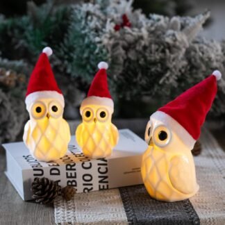 NEROSUN Christmas Lighted Owl Figurines, 3 Pack Ceramic White Light Up LED Owl Family Ornaments Table Centerpiece, Christmas Decorations for Tabletop Mantel Fireplace Cabinet...