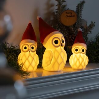 NEROSUN Christmas Lighted Owl Figurines, 3 Pack Ceramic White Light Up LED Owl Family Ornaments Table Centerpiece, Christmas Decorations for Tabletop Mantel Fireplace Cabinet...