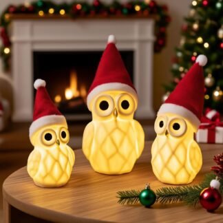 NEROSUN Christmas Lighted Owl Figurines, 3 Pack Ceramic White Light Up LED Owl Family Ornaments Table Centerpiece, Christmas Decorations for Tabletop Mantel Fireplace Cabinet...
