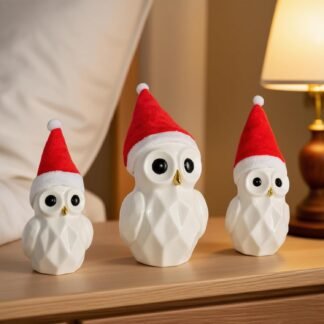 NEROSUN Christmas Lighted Owl Figurines, 3 Pack Ceramic White Light Up LED Owl Family Ornaments Table Centerpiece, Christmas Decorations for Tabletop Mantel Fireplace Cabinet...