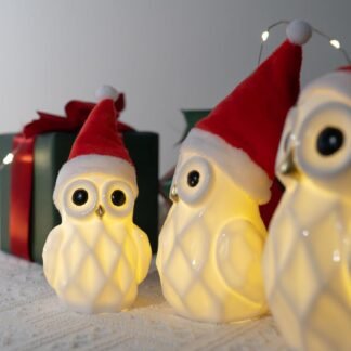 NEROSUN Christmas Lighted Owl Figurines, 3 Pack Ceramic White Light Up LED Owl Family Ornaments Table Centerpiece, Christmas Decorations for Tabletop Mantel Fireplace Cabinet...