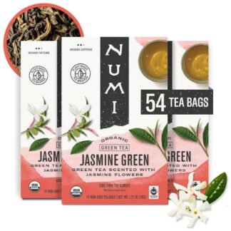 Numi Organic Green Tea with Jasmine, 54 Green Tea Bags Scented with Real Jasmine Flowers, Micro-Plastic Free Compostable Bags