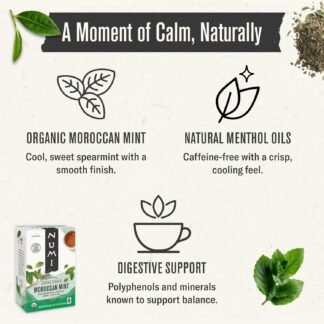 Numi Organic Moroccan Mint Tea, 18 Herbal Tea Bags, Microplastic Free, Antioxidants for Calm and Clarity