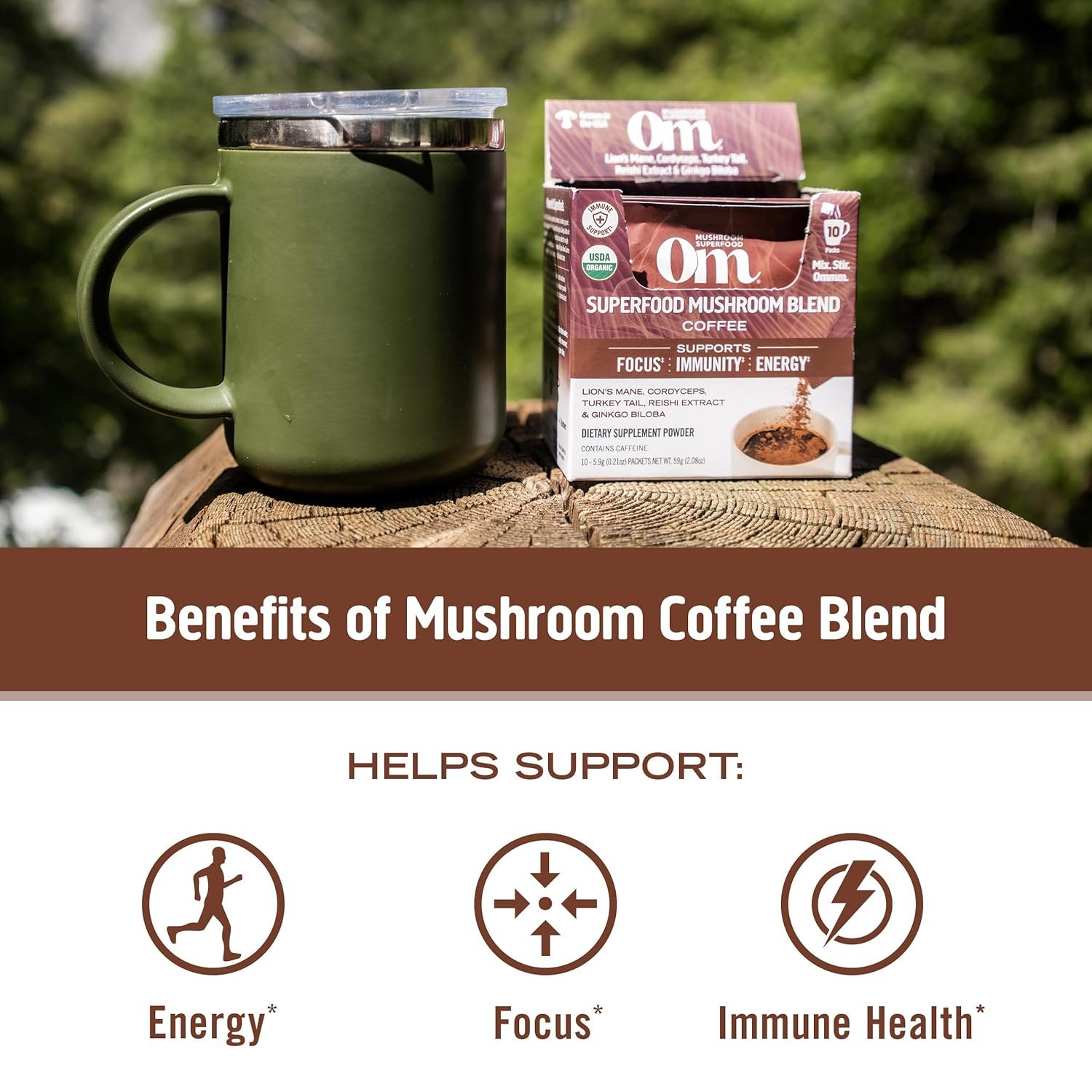 OM MUSHROOM SUPERFOOD Coffee Blend Organic Arabica with Lions Mane Cordyceps Reishi Turkey Tail Ginkgo Biloba Supports Energy Focus Mental Clarity Single Serve - lunas-mystic-emporium.com OM MUSHROOM SUPERFOOD Coffee Blend – Organic Arabica with Lion’s Mane, Cordyceps, Reishi, Turkey Tail & Ginkgo Biloba – Supports Energy, Focus & Mental Clarity – Single Serve...