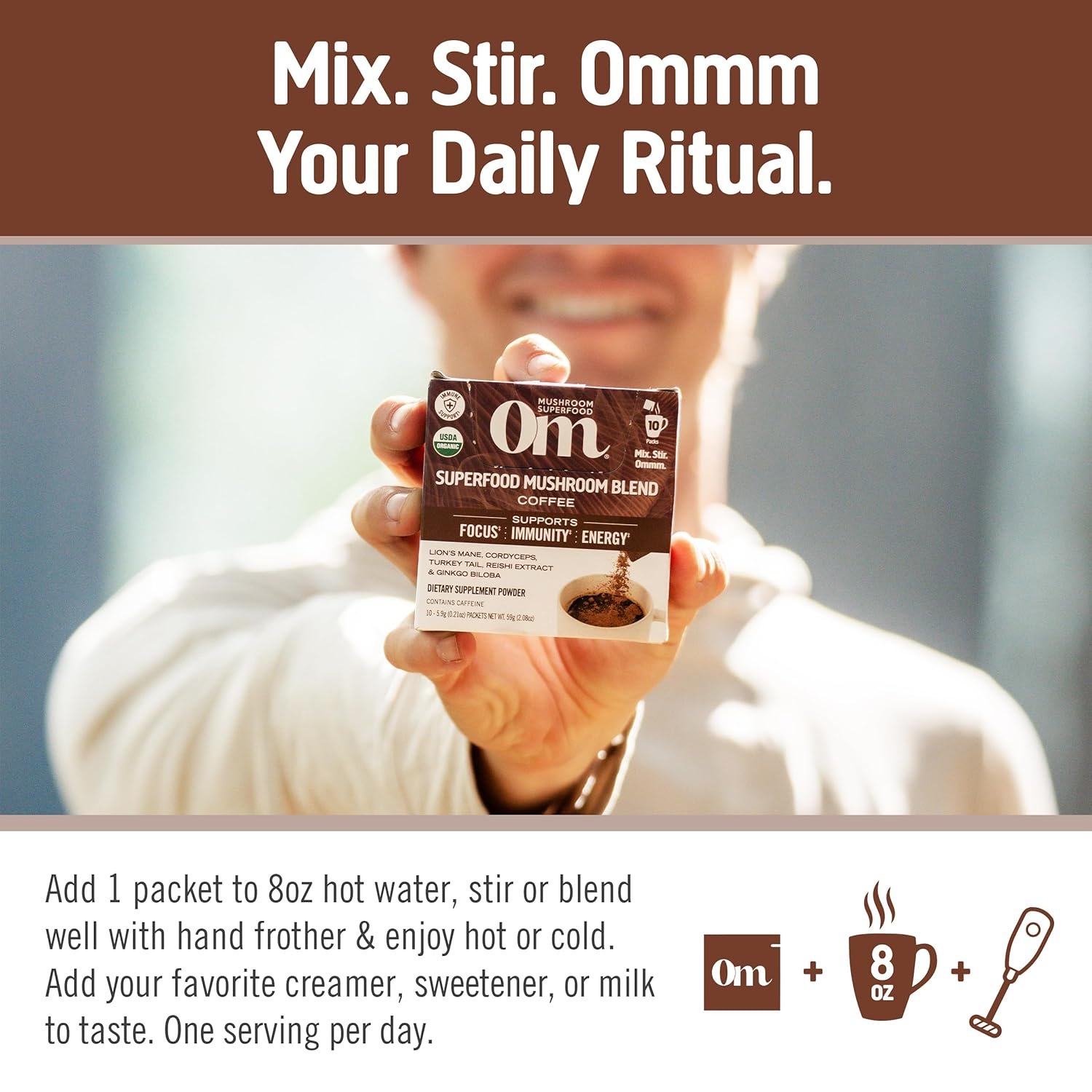 OM MUSHROOM SUPERFOOD Coffee Blend Organic Arabica with Lions Mane Cordyceps Reishi Turkey Tail Ginkgo Biloba Supports Energy Focus Mental Clarity Single Serve - lunas-mystic-emporium.com OM MUSHROOM SUPERFOOD Coffee Blend – Organic Arabica with Lion’s Mane, Cordyceps, Reishi, Turkey Tail & Ginkgo Biloba – Supports Energy, Focus & Mental Clarity – Single Serve...