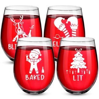 Patelai Set of 4 Christmas Stemless Wine Glass17 oz Funny Gingerbread Xmas Tree Reindeer Holiday Elf Wine Glass Christmas Drinkware for Men Woman Home Party Supplies Gifts