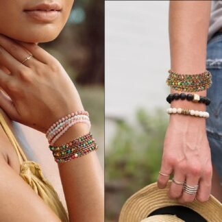 Plumiss Women Boho Handmade Natural Stone Crystal Leather Bead Wrap Bracelets Collection