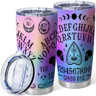 Rainbow Spirit Board Tumbler, 20oz Insulated Stainless Steel Travel Mug with Lid, Witchy Wicca Goth Moon Design, Halloween Tumbler for Women