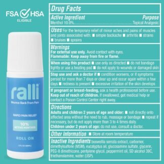 ralli Rapid Pain Relief 3oz Roll-On for Muscle Aches, Joint, Arthritis, Knee, Neck, Hip Pain, Foot Pain, Backache Pain-Relief, Dye Free, Made in USA