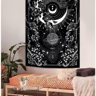 Riyidecor Gothic Vertical Goth Tapestry Wiccan Witch Wall Hanging Moon Tarot 30Wx50H Inch Goth Black White Aesthetic Floral Small Bohemian Stars Mystic Celestial Bedroom Living...