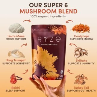 RYZE SUPERFOODS Mushroom Medium Roast Coffee USDA Organic with 6 Adaptogenic Mushrooms, USA Grown Instant Coffee for Better Energy, Focus Digestion Immunity with Lions Mane &...