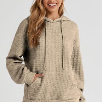 SHEWIN Womens Hoodies Casual Long Sleeve Drawstring Waffle Pullover Tops Loose Hooded Sweatshirt with Pocket