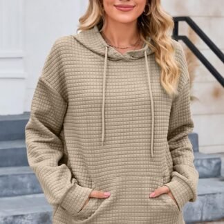 SHEWIN Womens Hoodies Casual Long Sleeve Drawstring Waffle Pullover Tops Loose Hooded Sweatshirt with Pocket