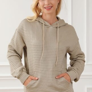 SHEWIN Womens Hoodies Casual Long Sleeve Drawstring Waffle Pullover Tops Loose Hooded Sweatshirt with Pocket