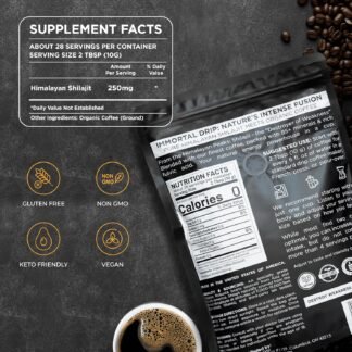 Shilajit Coffee - Immortal Drip, Organic Dark Roast Ground Coffee, Himalayan Shilajit-Infused, High-Caffeine, Vitamins - Fulvic Acid & 85+ Minerals