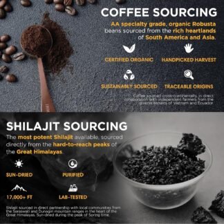 Shilajit Coffee - Immortal Drip, Organic Dark Roast Ground Coffee, Himalayan Shilajit-Infused, High-Caffeine, Vitamins - Fulvic Acid & 85+ Minerals