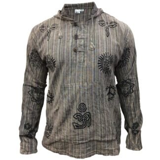 Shopoholic Fashion Mens Handmade Stonewashed Boho Hooded Shirt | Wooden Buttons & Front Pocket, Ethical Cotton Festival Shirt