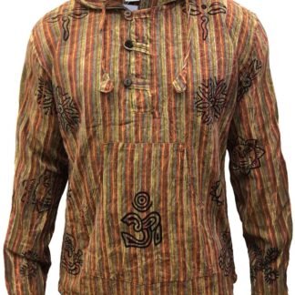 Shopoholic Fashion Mens Handmade Stonewashed Boho Hooded Shirt | Wooden Buttons & Front Pocket, Ethical Cotton Festival Shirt