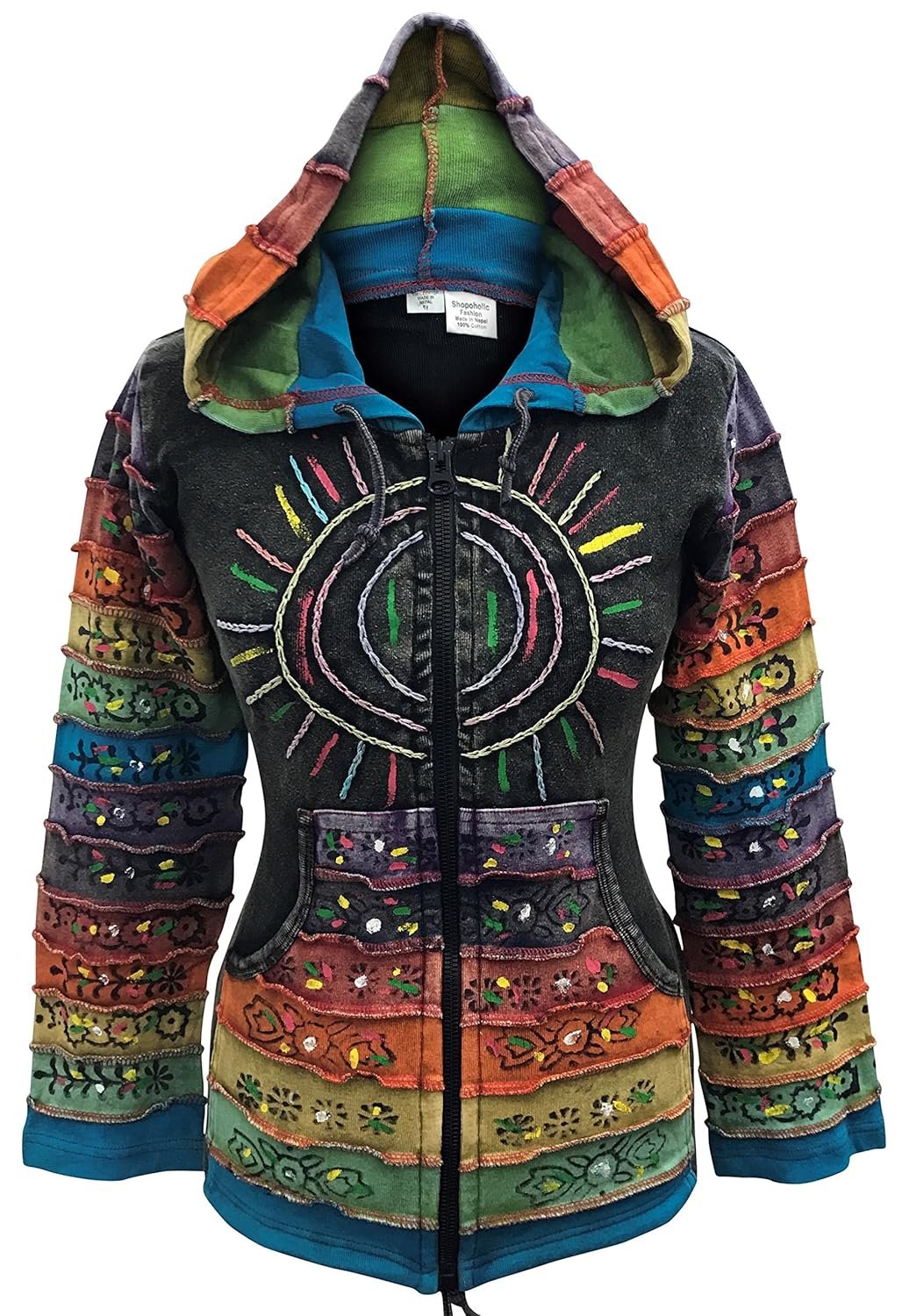 Shopoholic Fashion Womens Full Sleeve Gothic Sun Patchwork Faded Pixie Cotton Hippy Rib Hoodie - lunas-mystic-emporium.com Shopoholic Fashion Women's Full Sleeve Gothic Sun Patchwork Faded Pixie Cotton Hippy Rib Hoodie