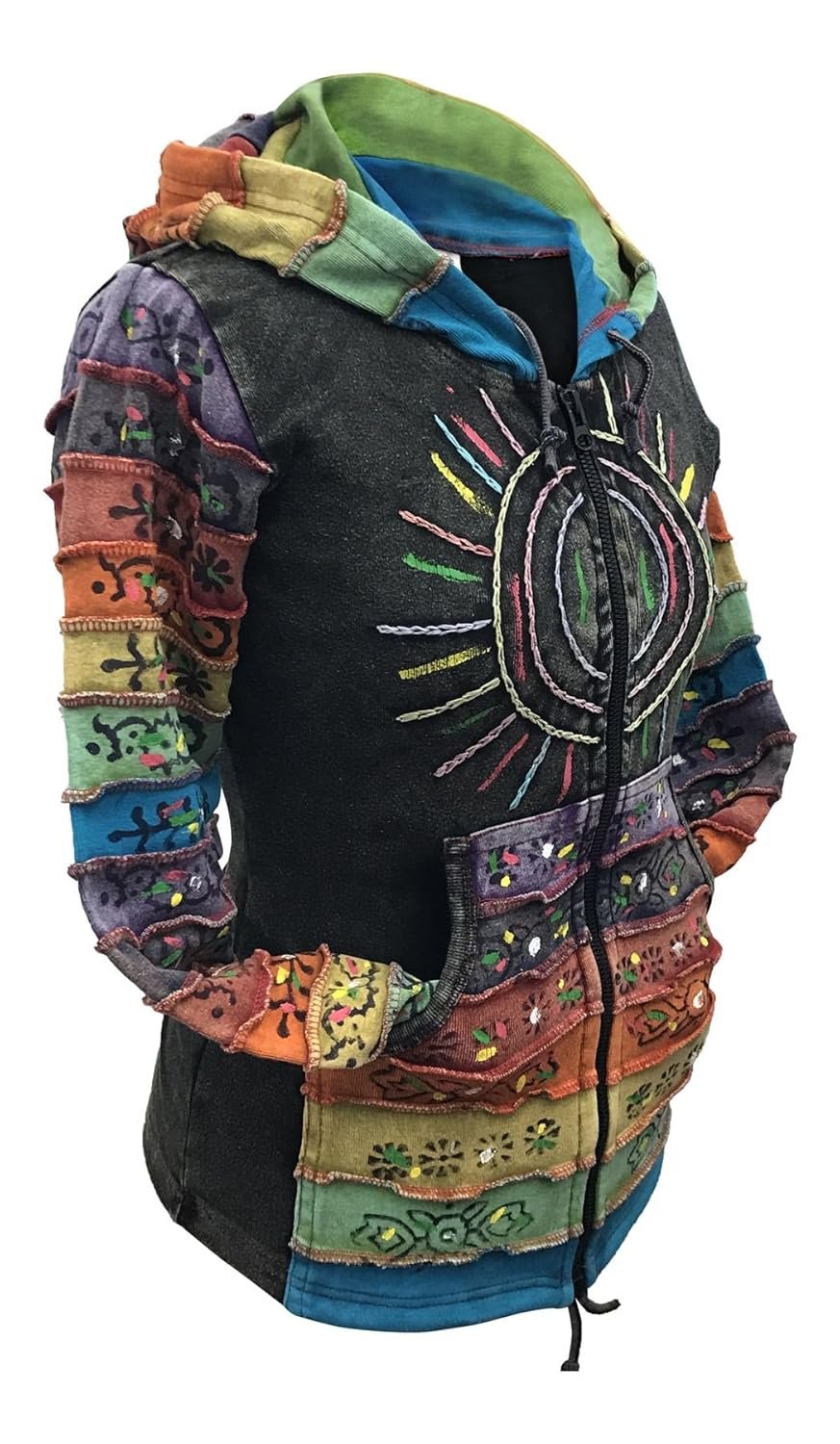 Shopoholic Fashion Womens Full Sleeve Gothic Sun Patchwork Faded Pixie Cotton Hippy Rib Hoodie - lunas-mystic-emporium.com Shopoholic Fashion Women's Full Sleeve Gothic Sun Patchwork Faded Pixie Cotton Hippy Rib Hoodie