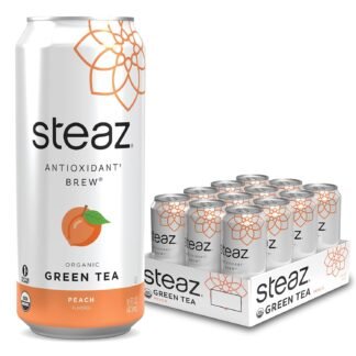 Steaz - Organic Green Tea - Peach Flavored (12 Pack) - Antioxidant Brew - 65mg Natural Caffeine, 90 Calories, Vitamin C - Cane Sugar Sweetened Iced Tea - Vegan, Fair Trade - 12...