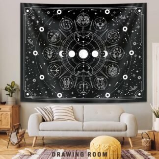 Sun Moon Zodiac Tapestry Wall Hanging, Stars Space Tarot Tapestries, Psychedelic Black and White Tapestry for Bedroom Aesthetic Home Wall Room Decor (Mysterious Zodiac 29x39...