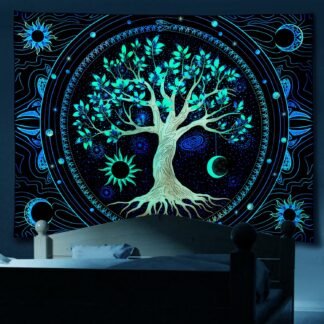 Tapestry for Bedroom Aesthetic Black Light Tree of Life Tapestrys UV Reactive Trippy Talestry Colorful Wall tapistry Sun Moon Space Tapestries Green Forest Wall Hanging Decor...