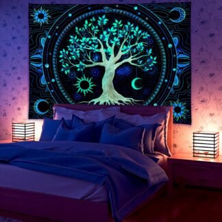 Tapestry for Bedroom Aesthetic Black Light Tree of Life Tapestrys UV Reactive Trippy Talestry Colorful Wall tapistry Sun Moon Space Tapestries Green Forest Wall Hanging Decor...