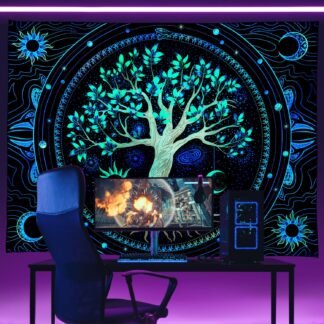 Tapestry for Bedroom Aesthetic Black Light Tree of Life Tapestrys UV Reactive Trippy Talestry Colorful Wall tapistry Sun Moon Space Tapestries Green Forest Wall Hanging Decor...