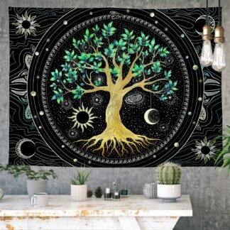Tapestry for Bedroom Aesthetic Black Light Tree of Life Tapestrys UV Reactive Trippy Talestry Colorful Wall tapistry Sun Moon Space Tapestries Green Forest Wall Hanging Decor...