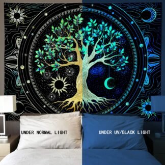 Tapestry for Bedroom Aesthetic Black Light Tree of Life Tapestrys UV Reactive Trippy Talestry Colorful Wall tapistry Sun Moon Space Tapestries Green Forest Wall Hanging Decor...
