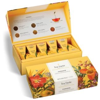 Tea Forte Lotus Petite Presentation Box Tea Gift Set Sampler, 10 Assorted Variety Handcrafted Pyramid Infuser Bags, Black, Green, Oolong, White, Herbal Blends