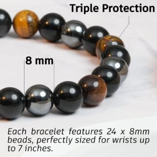 Triple Protection Bracelet - Black Obsidian, Hematite & Tiger Eye - Adjustable Natural Stone Bracelet for Grounding & Positive Energy - Handmade Spiritual Jewelry