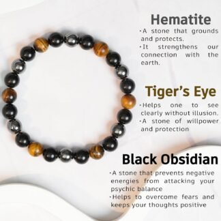Triple Protection Bracelet - Black Obsidian, Hematite & Tiger Eye - Adjustable Natural Stone Bracelet for Grounding & Positive Energy - Handmade Spiritual Jewelry