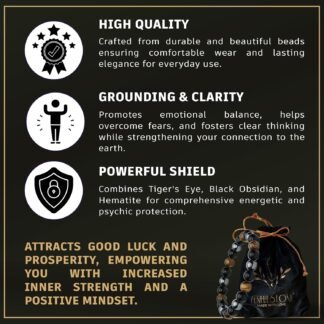 Triple Protection Bracelet - Black Obsidian, Hematite & Tiger Eye - Adjustable Natural Stone Bracelet for Grounding & Positive Energy - Handmade Spiritual Jewelry