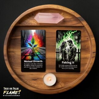 True or False Flame? A Blunt Love Oracle for Relationship Clarity by Safarah Starchild - Deck of 64 Tarot Sized Cards with Keywords and Meanings on Them