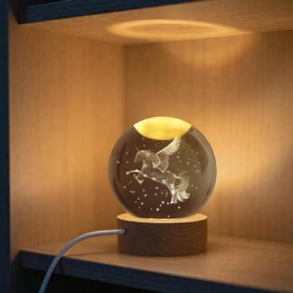 Unicorn Figurine Crystal Ball Lamp with LED Stand, 3D Laser Engraved Glass Sphere Decorative Balls Paperweight(60mm)