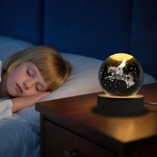 Unicorn Figurine Crystal Ball Lamp with LED Stand, 3D Laser Engraved Glass Sphere Decorative Balls Paperweight(60mm)