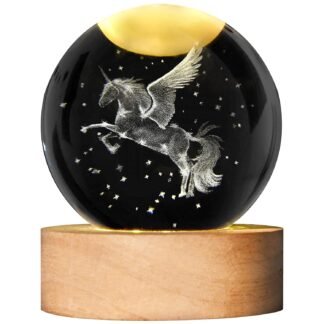 Unicorn Figurine Crystal Ball Lamp with LED Stand, 3D Laser Engraved Glass Sphere Decorative Balls Paperweight(60mm)