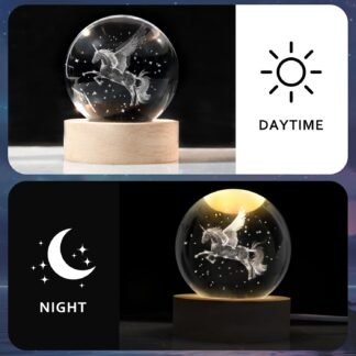 Unicorn Figurine Crystal Ball Lamp with LED Stand, 3D Laser Engraved Glass Sphere Decorative Balls Paperweight(60mm)