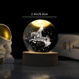 Unicorn Figurine Crystal Ball Lamp with LED Stand, 3D Laser Engraved Glass Sphere Decorative Balls Paperweight(60mm)