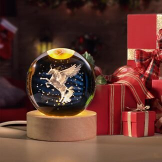 Unicorn Figurine Crystal Ball Lamp with LED Stand, 3D Laser Engraved Glass Sphere Decorative Balls Paperweight(60mm)