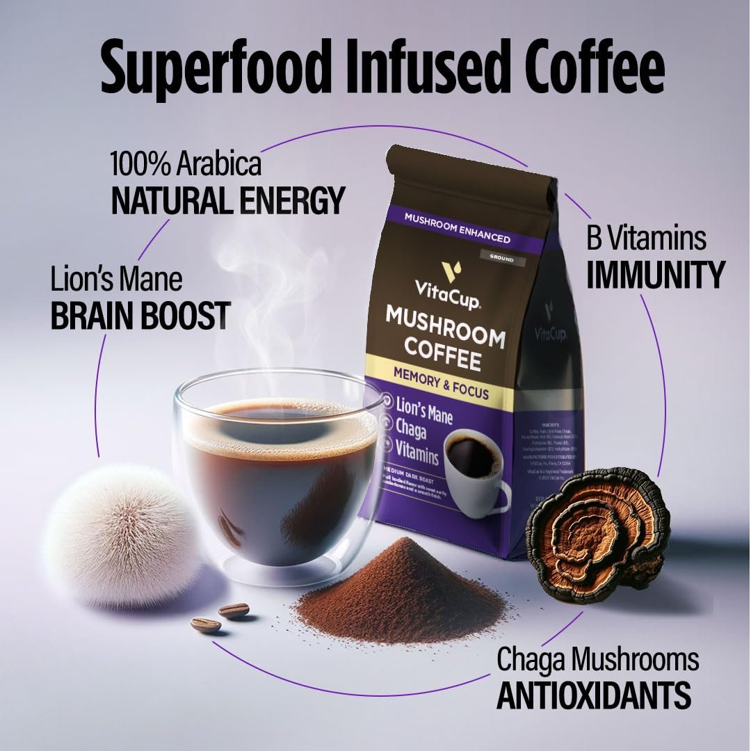VitaCup Focus Mushroom Coffee Grounds with Lions Mane Chaga B Vitamins D3 Boost Focus Immunity Memory Clarity Medium Dark Roast Bold Smooth 100 Arabica Specialty - lunas-mystic-emporium.com VitaCup Focus Mushroom Coffee Grounds, with Lions Mane, Chaga, B Vitamins, D3, Boost Focus, Immunity, Memory & Clarity, Medium Dark Roast, Bold & Smooth 100% Arabica Specialty,...